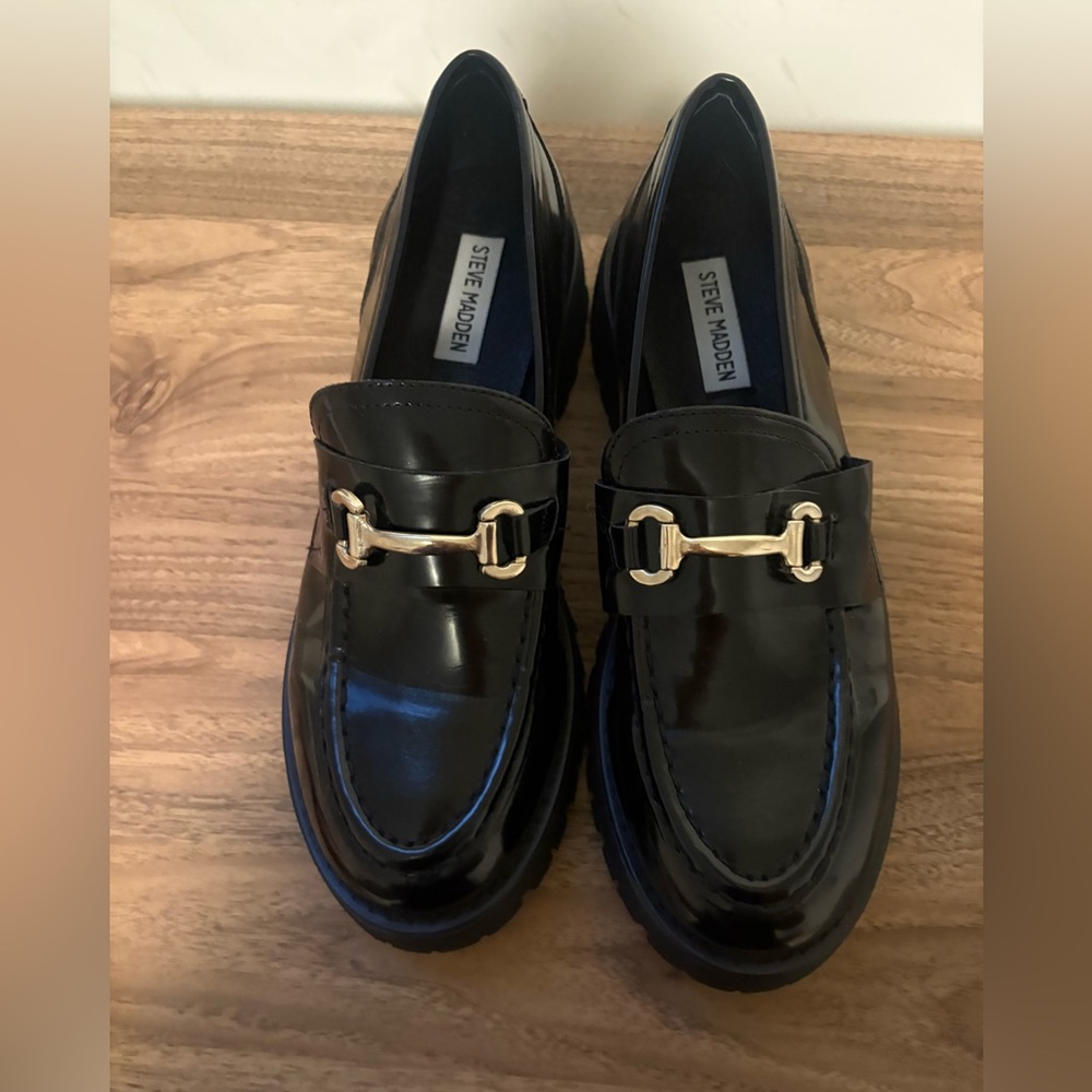 Steve Madden Glossy Black Loafers with Gold Detail
